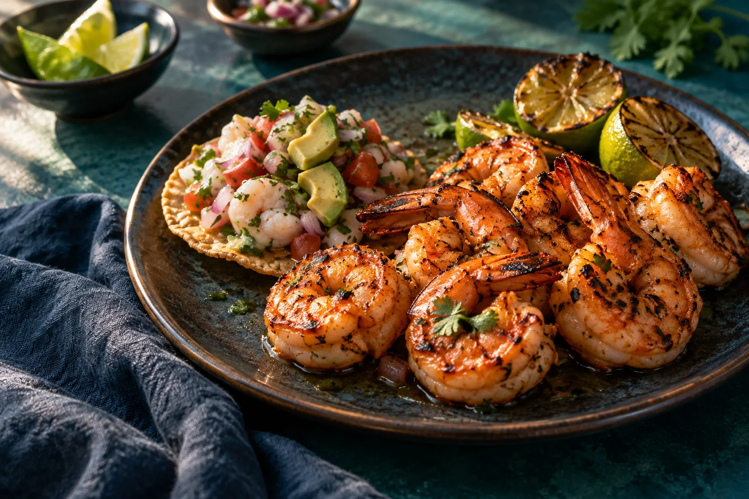 Ambientación culinaria de camarones, limón y tostada de ceviche